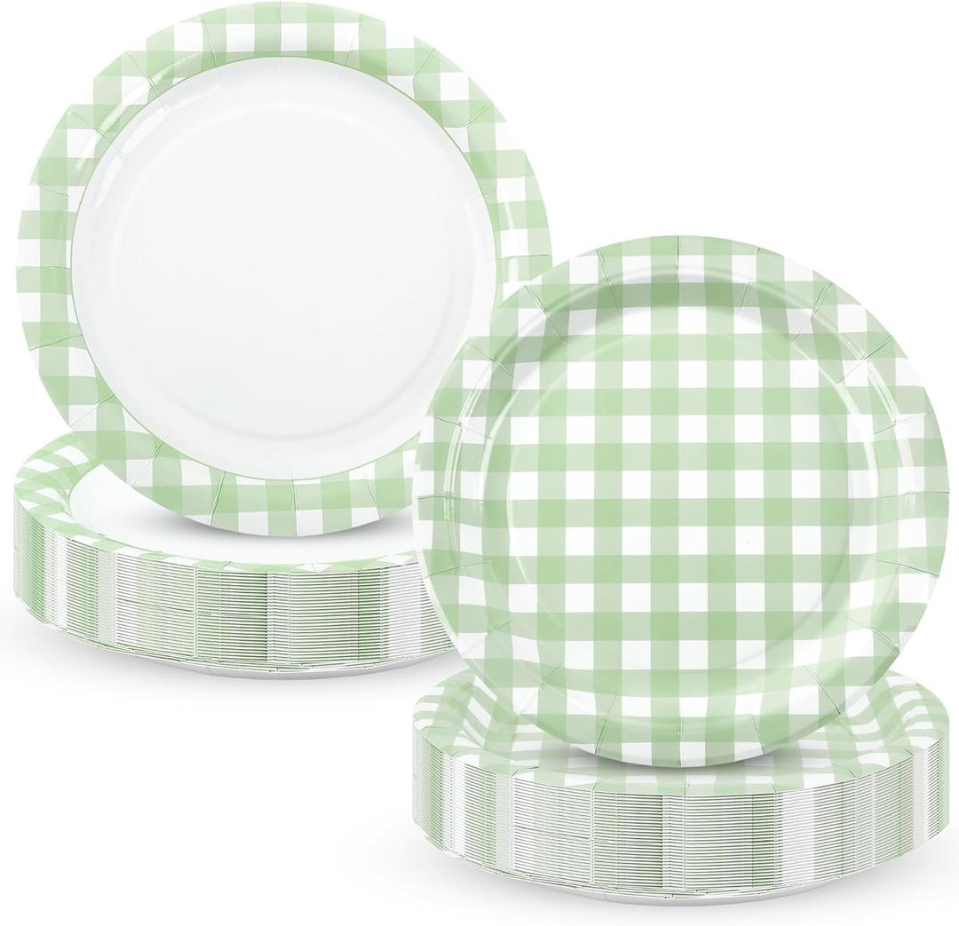 48pcs Sage Green Gingham Party Plates 7 Inch Checkered Plaid Dessert Plates Disposable Green and White Paper Plate for Fall Picnic BBQ Birthday Summer Dinner Party Supplies