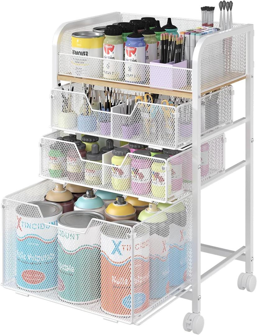 4-Tier Rolling Utility Cart with 3 Drawers-White Craft Organizers and Storage with DIY Dividers, Under Desk Art Supply Storage Organizer with 360 Lockable Wheels for Brushes Artifacts Patent Pending