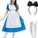 Women Blue Princess Dress Adult Halloween Costume with bow headband and stockings Fairytale Party Costume, Medium