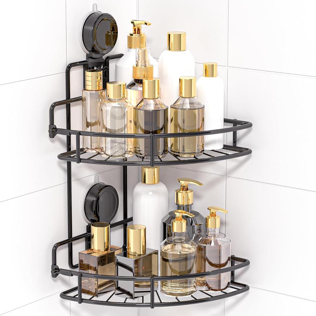 Shower Caddy Suction Cup, 2 Pack Suction Shower Shelf, NO-Drilling Bathroom Holder, Rustproof Bathroom Organizer for 90 Wall Corner, Black