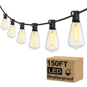 Brightever Outdoor String Lights 150FT, Patio Lights with 75+2 Dimmable ST38 Shatterproof LED Bulbs, Vintage Edison String Lights for Outside, Waterproof Bistro Lights for Halloween Backyard 2700K (150FT-Warm White, Black Wire)