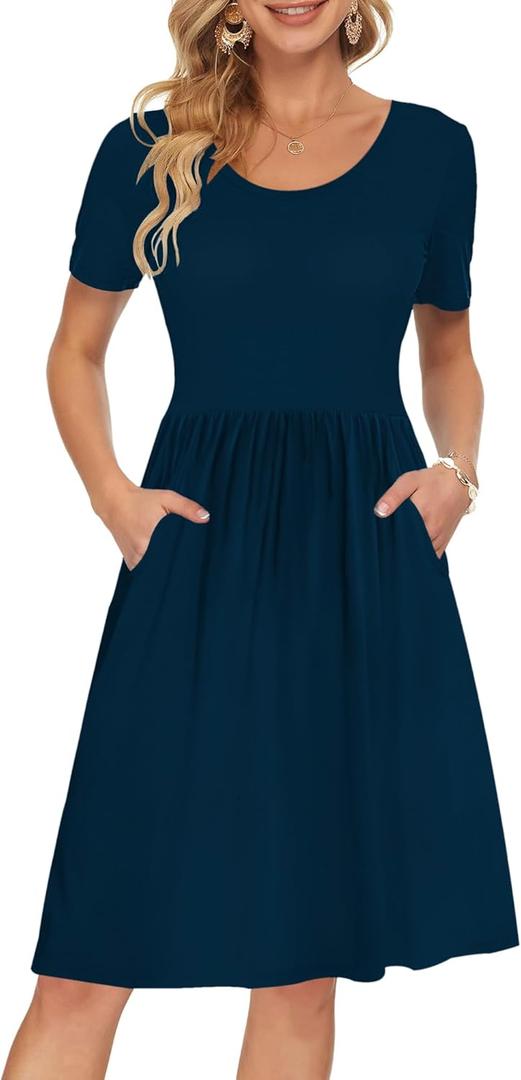 AUSELILY Women's Short Sleeve Empire Waist Dress Pleated Loose Swing Knee Length Dresses with Pockets 2025 New (X-Large, 01-navy Blue)