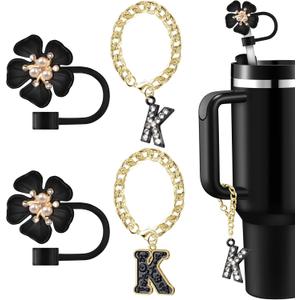 Straw Covers for Stanley Cup Accessories: Black Decorations for Stanley 30 oz & 40 oz Tumbler with Handle, Bling Letter Charms and Flower Silicone Straw Cap Topper, Trendy Stuff for Teen Girls & Women