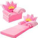 Gifts for Kids Christmas Couch 2 in 1 Toddler Couch Fold Out with Flannel Blanket Set Soft Princess Kids Chair for 1-3 Toddler Comfy Convertible Sofa to Lounger Bed for Reading Decor (Pink)