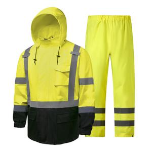fortresswear Hi Vis Rain Jackets for Men Reflective Waterproof High Visibility Class 3 Safety Rain Suit with Black Bottom, Removable Hood, Size: 4X-Large-5X-Large