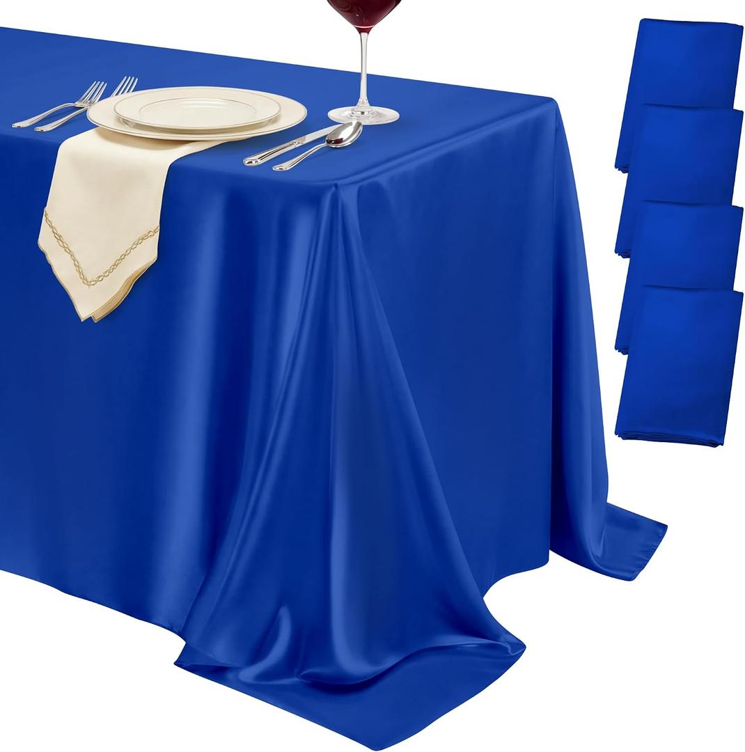 4 Pack Royal Blue Satin Tablecloth 58 x 102 Inches, Rectangular Satin Table Cloths for Wedding Reception, Birthday Party, Graduation & Holiday Banquet Tables