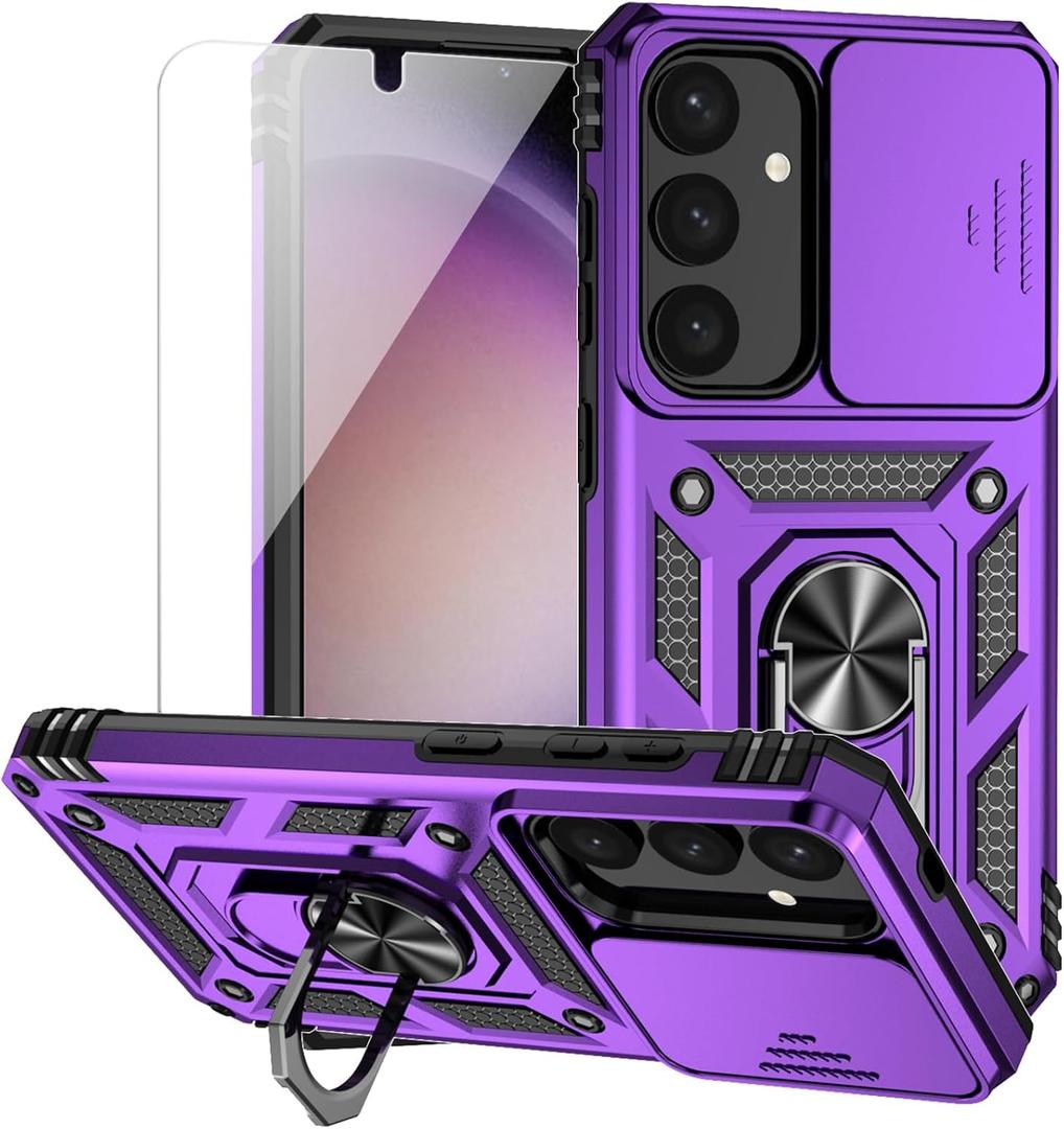 for Samsung Galaxy S24 Case with Camera Lens Cover HD Screen Protector, Dual Layer Military-Grade Drop Tested Magnetic Ring Holder Kickstand Protective Phone Case for Samsung Galaxy S24 (Purple)