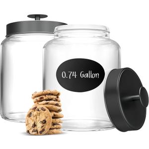 KooK Glass Kitchen Canister Set, Food & Storage Containers for Pantry, Bathroom Apothecary Jars, Tinplate Lids, Counter Organizers, 0.74 Gallon, Black, Set of 2