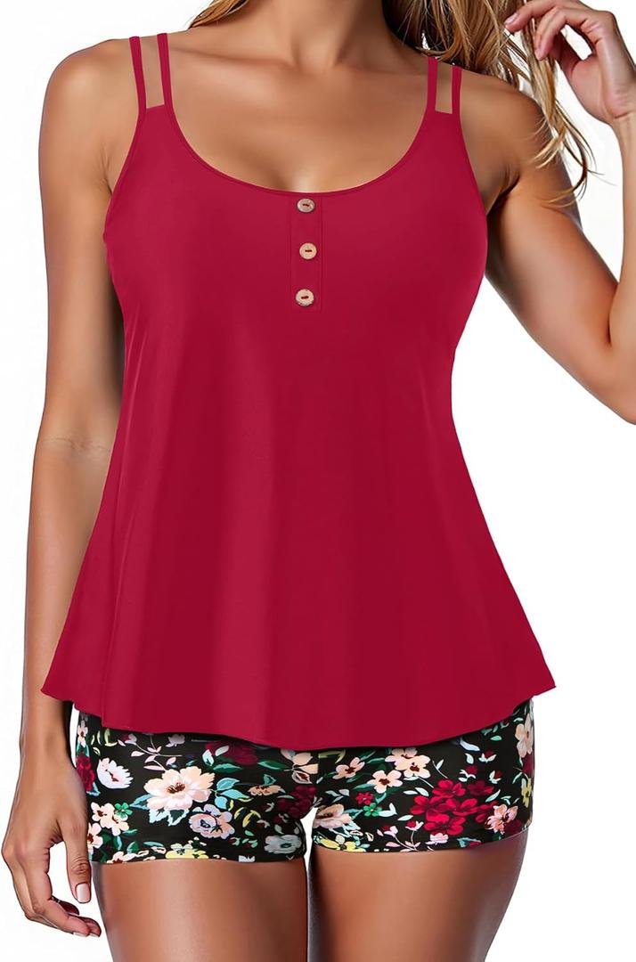 Women Tankini Swimsuit with Shorts - Flowy Two Piece Swimsuits Tummy Control Bathing Suits 2025 Swimwear (Medium, Red and Floral) Women Tankini Swimsuit with Shorts - Flowy Two Piece Swimsuits Tummy Control Bathing Suits 2025 Swimwear (Medium, Red and Floral)