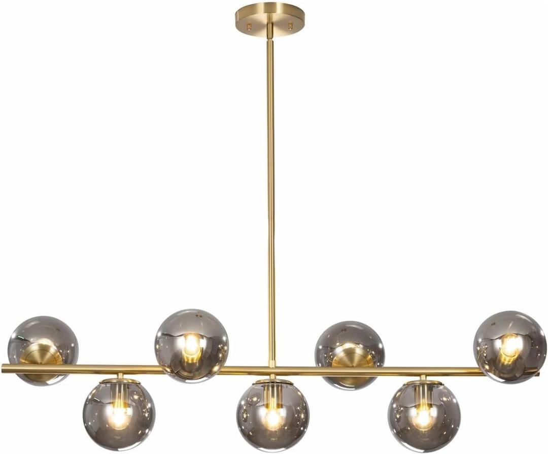 KCO Lighting Mid Century Modern Globe Sputnik Chandelier Gold Brass Linear Pendant Hanging Light Fixture 7-Light Smoke Glass Sphere Chandelier Kitchen Island Dining Room Chandelier