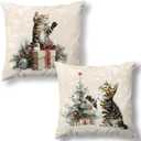 MNASAIOO Christmas Tree Cat Tabby Decorative Throw Pillow Covers Set of 2, Cute Pillows Covers for Cat Lovers Owners, Rustic Beige Winter Snowflake Pillow Cases Decor for Couch Bedroom Holiday 18x18in