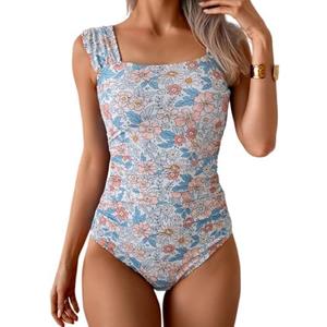 B2prity Womens One Piece Swimsuit Retro Square Neck Tummy Control Bathing Suits Ruched Modest Full Coverage Swimwear S