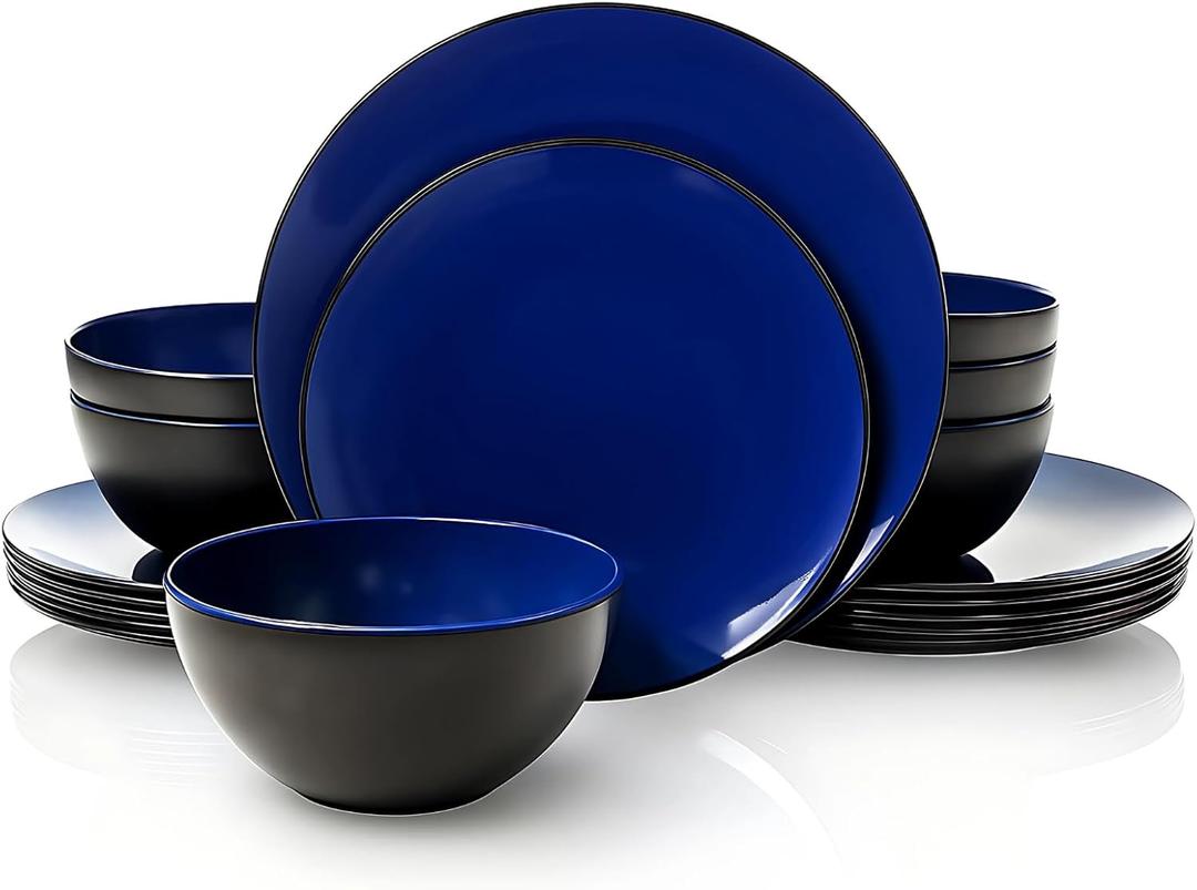 TP 18-Piece Dinnerware Set, Melamine Dishes Set with Bowls and Plates, Service for 6, Non-breakable Lightweight Dining Tableware, Blue and Black