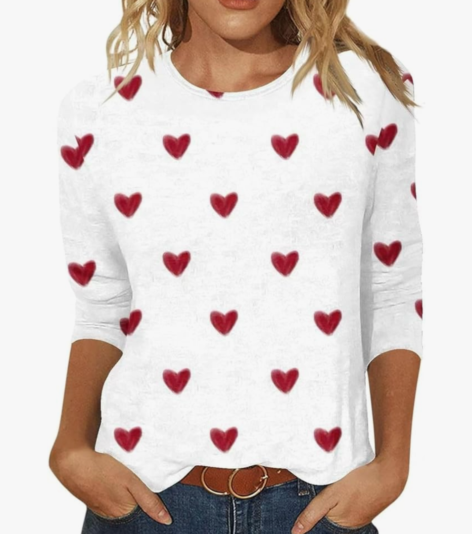 Womens 3/4 Sleeve Crew Neck Valentine T Shirts Love Heart Printed Graphic Tee Tops
,L