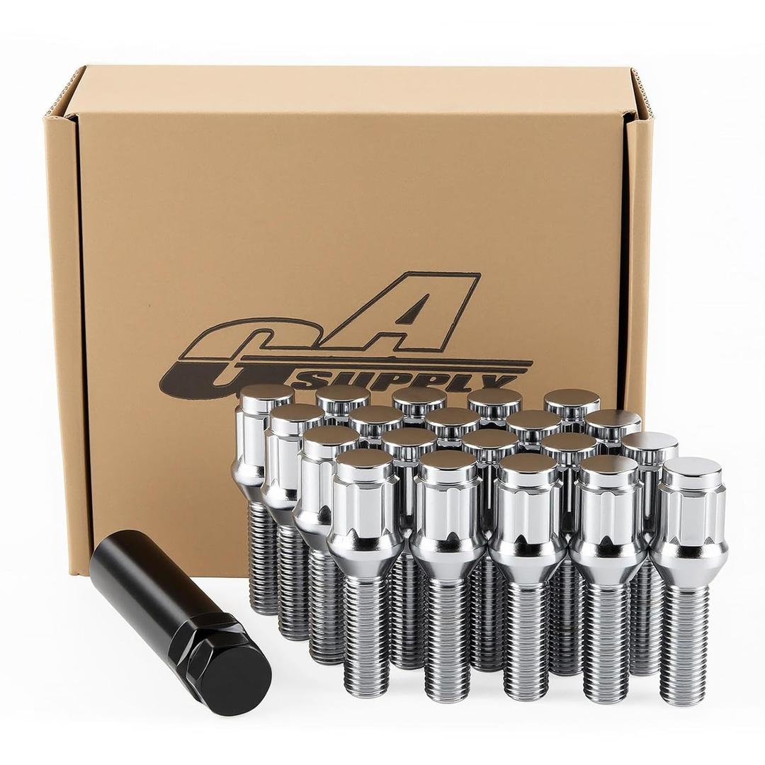 GAsupply M12x1.5 Lug Bolts 32mm Shank, 20pcs Chrome 12x1.5 Spline Lug Bolt Conical/Cone Seat with 1pcs 3/4" 19mm & 13/16" 21mm Stock Stud Key