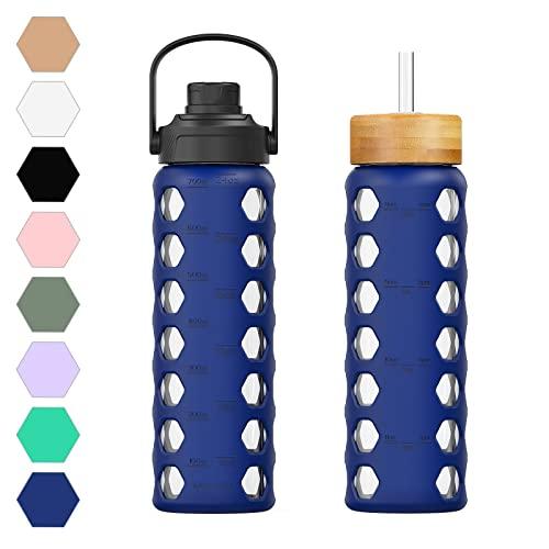 MUKOKO 24oz Glass Water Bottle with 2 Lids-Handle Flip Lid & Bamboo Straw Lid, Motivational Water Tumbler with Time Marker Reminder and Silicone Sleeve, Leakproof - Blue