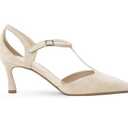 Coutgo Womens Low Kitten Heels T Strap Closed Pointed Toe Ankle Buckle Pumps Wedding Party Dress Shoes, Nude, Size 9.5