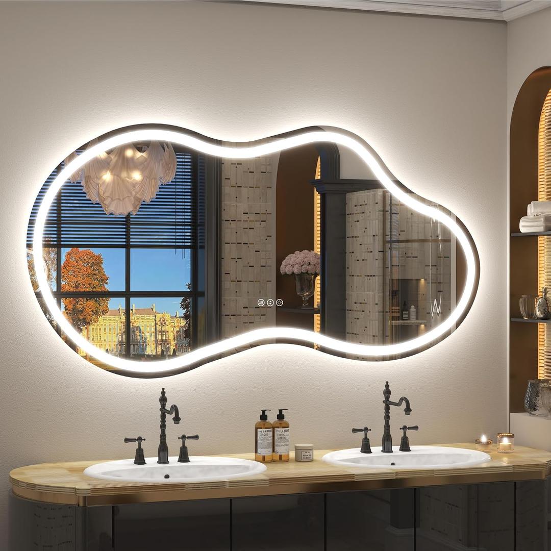 60x32 Inch Irregular Cloud LED Bathroom Mirror with Lights, Asymmetrical Lighted Vanity Mirror for Wall, Anti-Fog, Dimmable, Memory, 3 Colors (Horizontal/Vertical)
