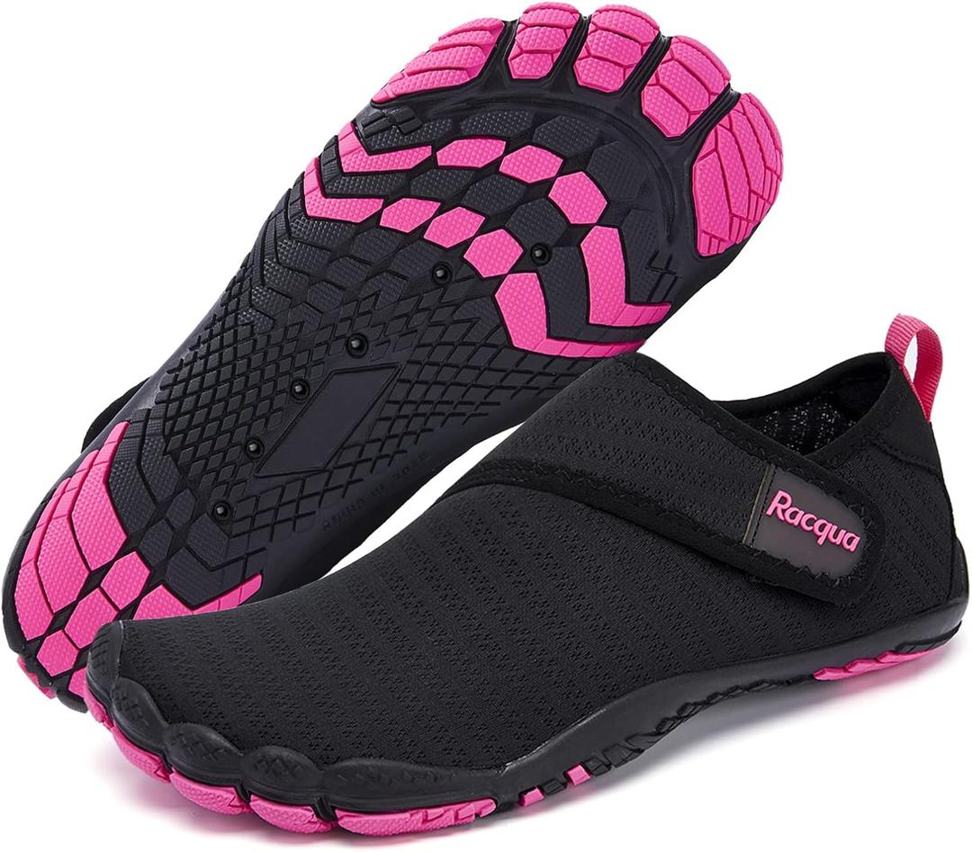 Racqua Men's Women's Slip-On Water Shoes Quick Dry Barefoot Lightweight Aqua Shoes Beach Swim Pool Hiking Sport Shoes (8.5 Women/7.5 Men, Wz117w-black/Rose)