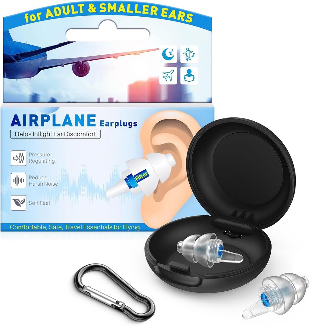 Ear Plugs for Airplane Pressure Relief & Prevent Ear Pain - Flying Travel Essentials - Comfortable Reusable Plane Earplugs for Adult/Kids 12+ with Small Ear-canals, 25dB Noise Reduction, BU (Blue - S)