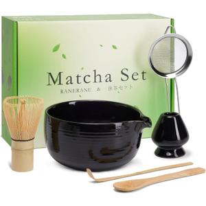 Matcha Whisk Set, Ceramic Matcha Set Includes Matcha Bowl, Matcha Whisk (Chasen) and Holder, Sifter, Bamboo Scoop & Spoon - 6 Pcs Matcha Kit for Matcha Lovers Black