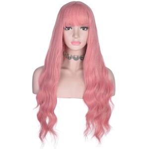 Long Wavy Pink Wig with Bangs for Women Heat Resistant Synthetic Hair Wigs for Daily, Cosplay Events (Pink)
