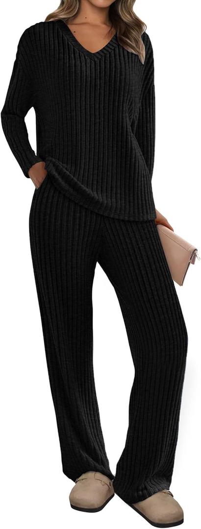 PRETTYGARDEN Women's 2 Piece Lounge Sets Ribbed Knit Long Sleeve V Neck Pullover Tops Wide Leg Pants Spring Fall Outfits (Black), S