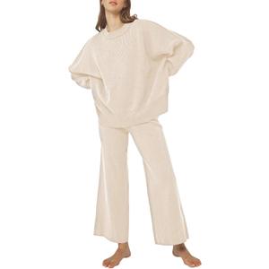 Pink Queen Women's 2 Piece Outfits Sweater Sets Knit Pullover Tops And Wide Leg Pants Loose Tracksuit Lounge Set (Beige) M