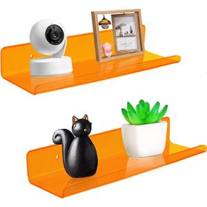 ROYALITA Small Acrylic Shelves Wall Mounted | Set of 2 | 12 Inches | Wall Hanging Plant Display Shelves, Room Decor Floating Wall Shelves for Gaming Room Bedroom, Living Room, Office, Orange