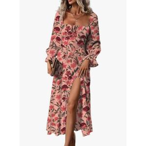 BLENCOT Womens Casual Square Neck Long Sleeve Boho Floral Midi Dress Print Side Split Dresses, L