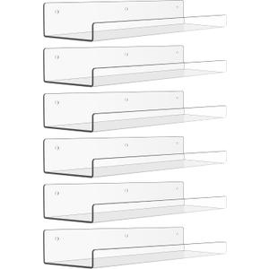 upsimples 6 Pack Acrylic Shelves for Wall Storage, 15" x 4 Floating Bookshelves for Kids, Display Shelf Organizer for Bathroom, Bedroom, Living Room, Kitchen, Room Decor, Clear
