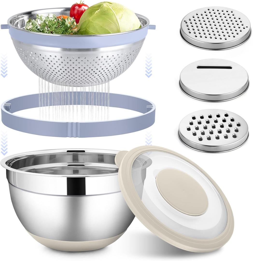 HaWare Mixing Bowl with Colander, 4-1 Stainless Steel Bowl Set with Lids & 3 Pcs Nesting Graters, Rotatable Food Strainer for Rinsing Fruits Vegetables, Non-Slip Bottom, Khaki