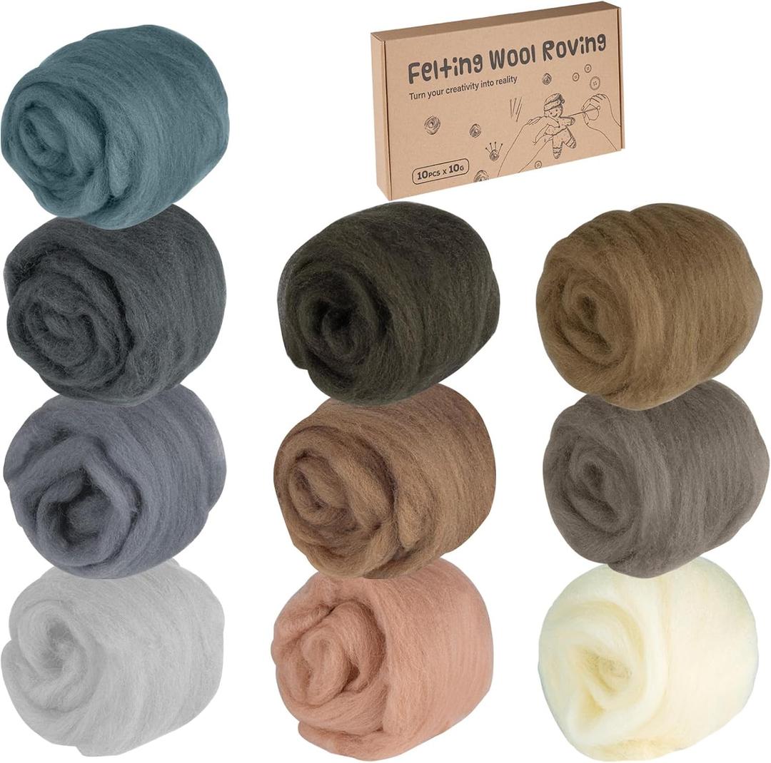 Lemonfilter Needle Felting Wool,10 Colors Natural Soft Fibre Wool Roving (10g/Color) for DIY Craft Materials,Beginner Needle Felting Supplies for Hand Spinning Weaving Knitting and Home Decor(Brown)