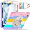 TSQQST Case for iPad Air 11 Inch M3 M2 2025 2024 for Kids Girls, iPad Air 7th/6th/5th/4th Generation 10.9" w/Screen Protector, Pencil Holder, Rotating Stand Hand Strap, Colorful Pink