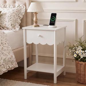 Sliner Scalloped Nightstand with Drawer and Open Shelf, White Nightstand Scalloped Edge Bedside Table 17" x 14" x 24" Modern Minimalist Coquette Night Stand Wooden End Table for Bedroom, 16.93 x 13.78 x 23.62 inches