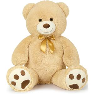 MaoGoLan Giant Teddy Bear Stuffed Animal, 39" Large Tan Teddy Bear Plush Toy with Cute Bow Tie & Footprints, Soft Sunggle Bear Plushies Gift for Kids Grilfriend Wife on Christmas Birthday Baby Shower (Brown)