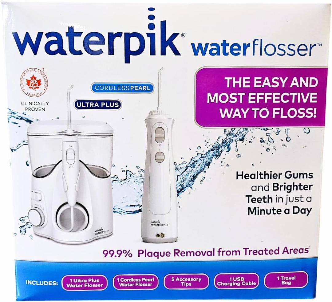 Waterpik Waterflosser Ultra Plus Water Flosser & Cordless Pearl Water Flosser - 5 Accessory tips, USB Charging Cable & Travel Case, 1 Pack
