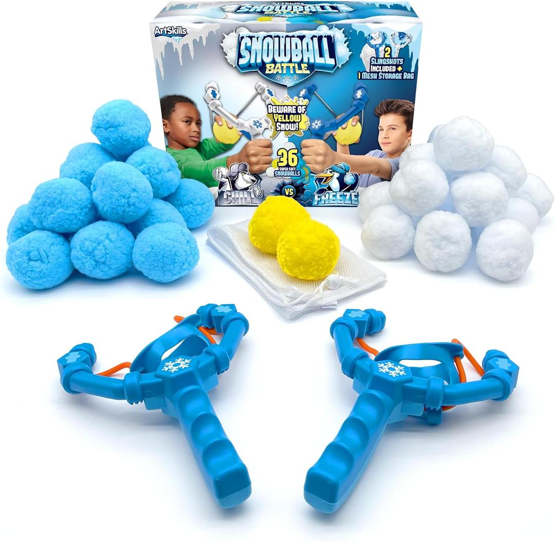 ArtSkills Snowball Battle, Indoor Snowball Fight Set with 36 Fake Snowballs & 2 Snowball Slingshots