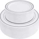 SETUP 100-Piece Silver Trim Plastic Dinnerware Set 50 10.25" Dinner & 50 7.5" Salad Plates Heavy-Duty Disposable for Weddings, Catering, Parties