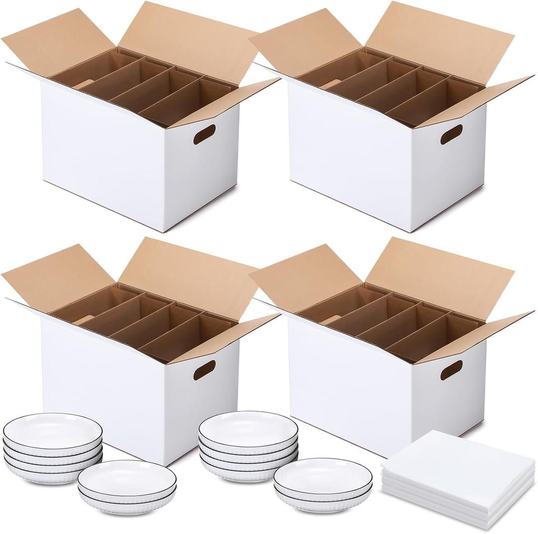 MotiMind 4 Sets Dish Moving Boxes with Divider Kits 15 x 12 x 10 Inches