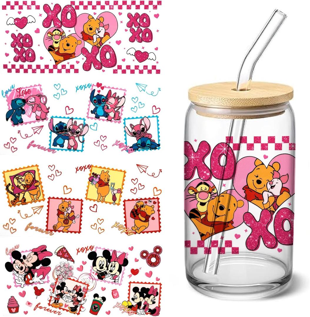 4 Sheets UV DTF Cup Wraps Transfer Stickers for Glass, Christmas Cartoon Cup Wraps Decal Stickers for Tumbler Cups