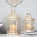 Lanterns Decorative Outdoor&Indoor, Set of 2 (15"&11") Beige Metal Lantern Decor with Glass, Candle Holder for Porch, Patio, Garden, Fall, Wedding, Christmas, Table Centerpiece