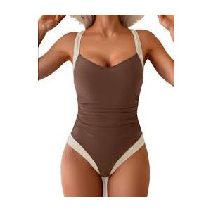 B2prity One Piece Swimsuit for Women Tummy Control Slimming Bathing Suit Push Up Ruched Swim Suit Criss Cross Swimwear Brown, White 2XL