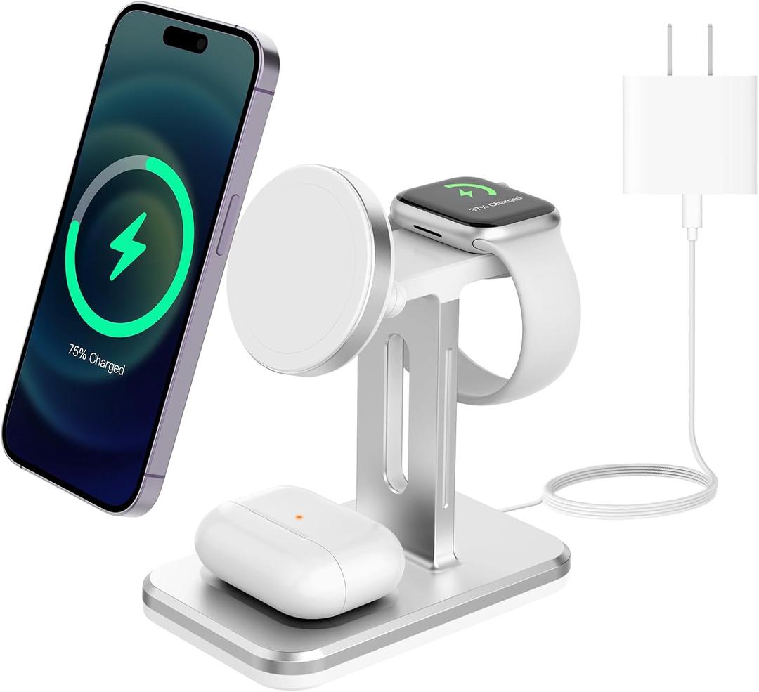 15W 3 in 1 Charging Station for Apple MagSafe Charger Stand -Wireless Charger for iPhone 16 15 14 13 pro max Plus for Apple Watch Charger 9 8 7 6 5 for AirPods Pro 3 2-Multiple Devices