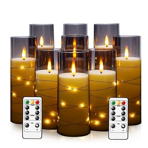 kakoya Flameless LED Candles with Timer 9 Pc Flickering Flameless Candles for Romantic Ambiance and Home Decoration Stable Acrylic Shell, with Embedded Star String, Battery Operated Candle, Grey）