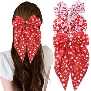 Valentines Hair Bows for Women Heart Red Lips Pattern Valentine's Day Bow Hair Clip Heart Hair Bow Clip Big Long Tail Ribbon Bows Hair Barrettes Cute Holiday Hair Accessories for Women Girls 3Pcs
