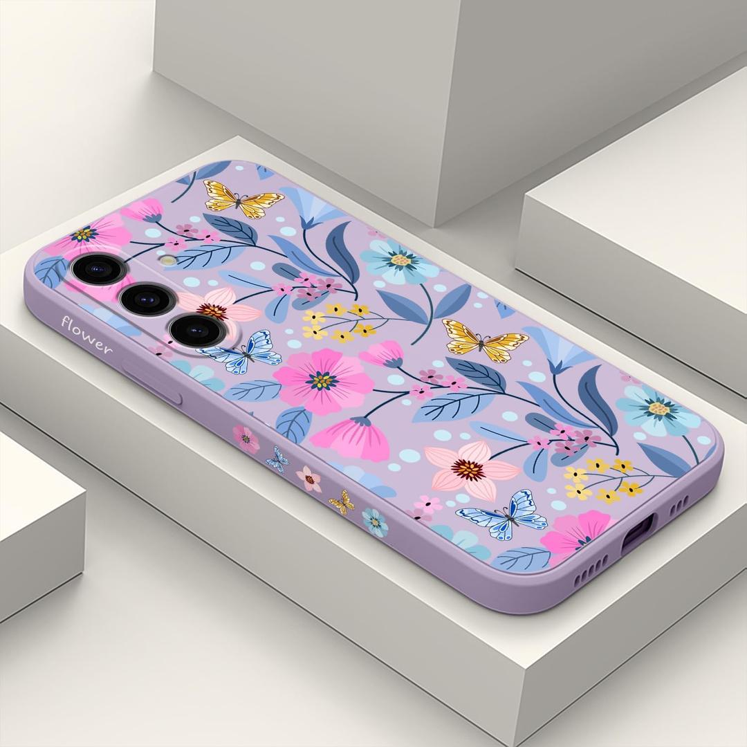 for Samsung S24 FE Case Soft Silicone Phone Cover, Anti Scratch Microfiber Lining Case for Galaxy S24 FE 6.7 inch, Flower Purple