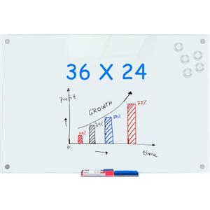 maxtek Magnetic Glass Dry Erase White Board, 36 x 24 Inches Glass Board for Wall Mounted, Includes 6 Magnets, 3 Markers and 1 Eraser for Classroom Home, Office Supplies (White)