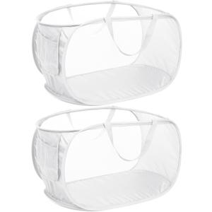 Strong Mesh Pop Up Laundry Basket, Collapsible Laundry Hamper with Side Pocket, Foldable Clothes Hamper with Durable Reinforced Handles for Laundry, Bathroom, Kids Room, Dorm or Travel 2 Pack White