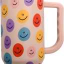 40 oz Leak-Proof Stainless Steel Insulated Tumbler with Smiley Face - Dual Drinking Lid & Portable Handle for Hot or Cold Drinks